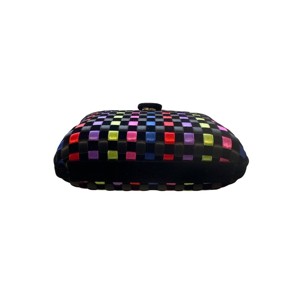 Woven Multicolor Checkered Satin Evening Clutch Purse With Snap Closure & Detach - Picture 4 of 5